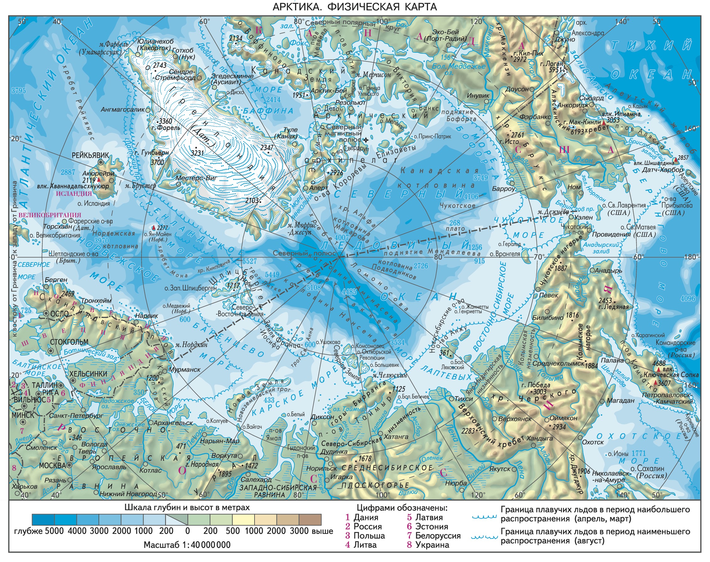 Моря северного ледовитого океана находятся на. Северный Ледовитый океан на карте физическая карта. Карта Северного Ледовитого океана подробная. Северный Ледовитый океан физическая карта границы. Физическая карта Северного Ледовитого океана.