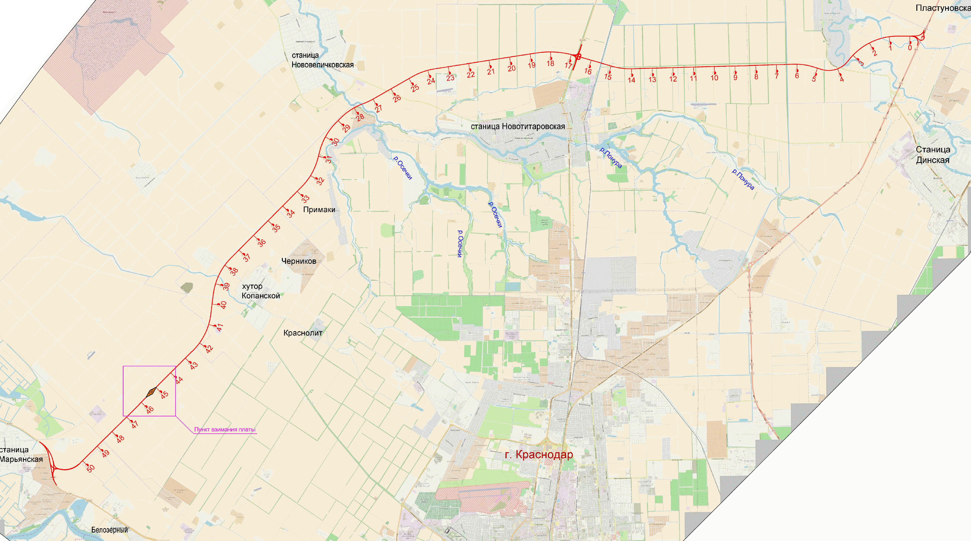 Дальний Западный обход Краснодара на карте проект